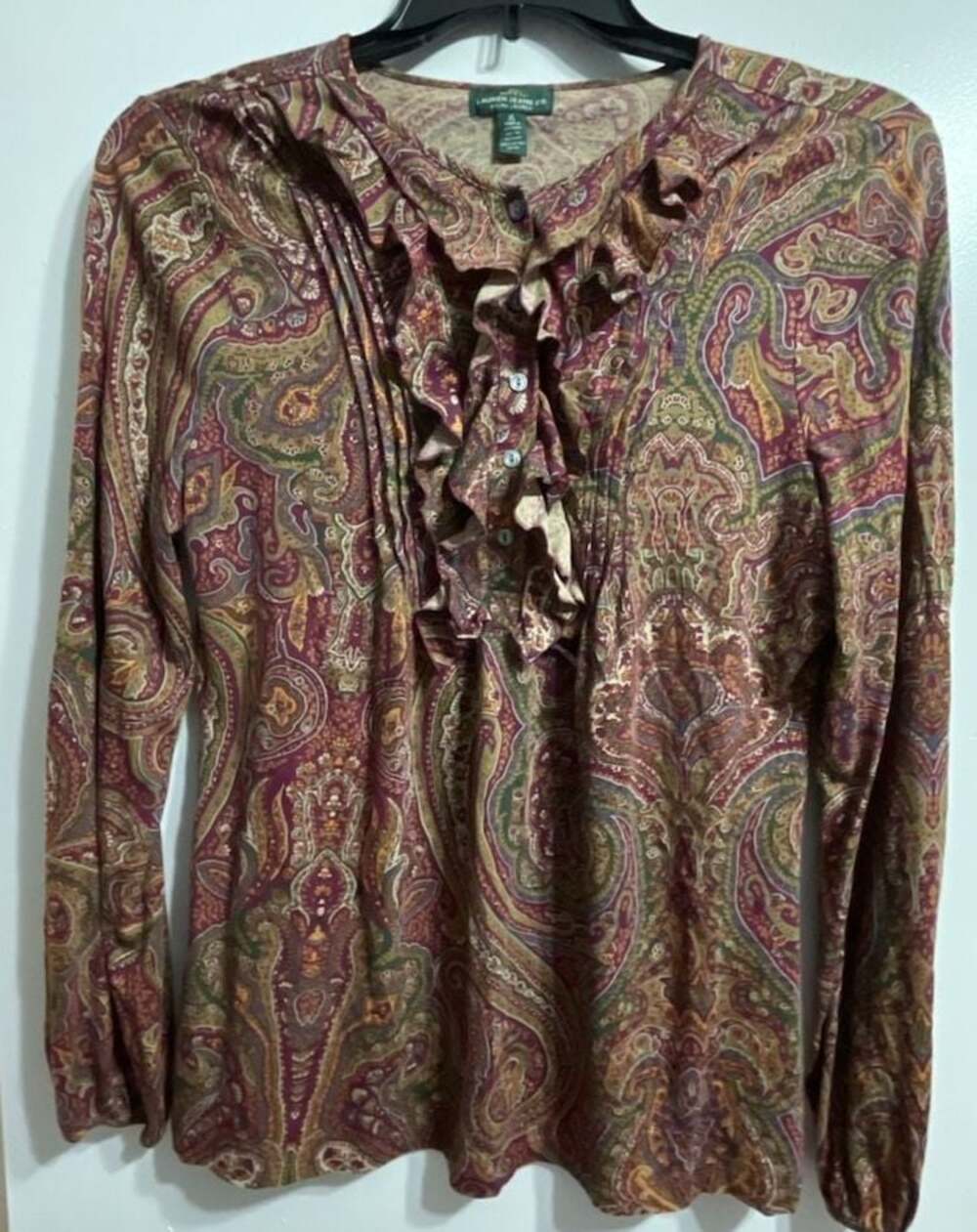 Lauren Ralph Lauren 100% Cotton Paisley Print Ruffle Button  Long Sleeve Top XL